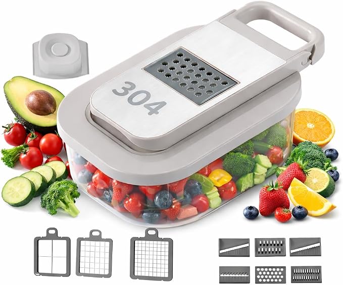 All-in-One Food Chopper & Mandoline Slicer, 9-in-1 Vegetable Chopper with Interchangeable Stainless Steel Blades, BPA-Free Manual Onion Dicer, Julienne & Grater with Container