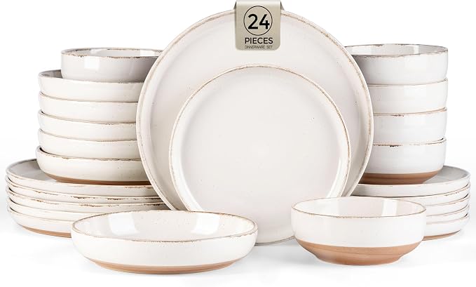 AmorArc Dinnerware Sets for 6, 24 Pieces Ceramic Plates and Bowls Set | Scratch Resistant Stoneware Dishes Set, Dishwasher & Microwave Safe, Light Beige