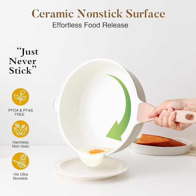 Kordisen Nonstick Ceramic Deep Frying Pan Skillet with Lid, 11 Inch, Cream | Saute Pan, Healthy Coating, Non Toxic, Induction Compatible, PFOA & PFAS Free