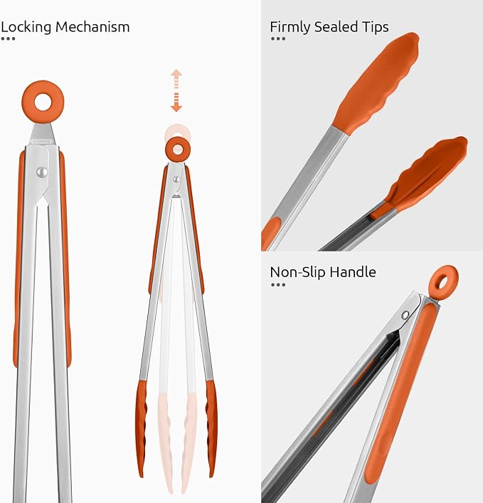 U-Taste Kitchen Tong for Cooking, 600ºF Heat-Resistant Tps, 12in/Orange | Large Tongs for Serving Food, Big Rubber Tong for Grill/BBQ, Silicone Tips & 18/8 Stainless Steel Handle, Smooth Locking
