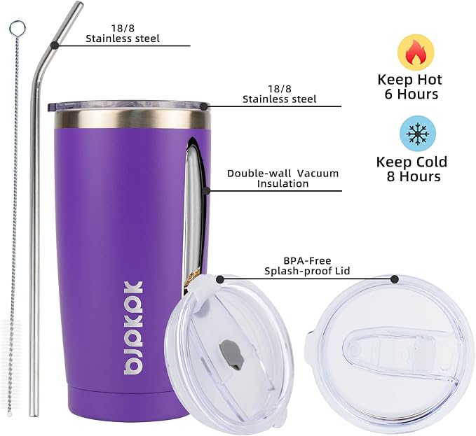 BJPKPK 20oz Coffee Tumbler with Lid & Straw, Insulated Stainless Steel Mug | Double Wall Vacuum, Keeps Hot/Cold, BPA Free, Leak Proof, Iced Coffee Cup Fit Car Holder, Travel & Beach, Purple