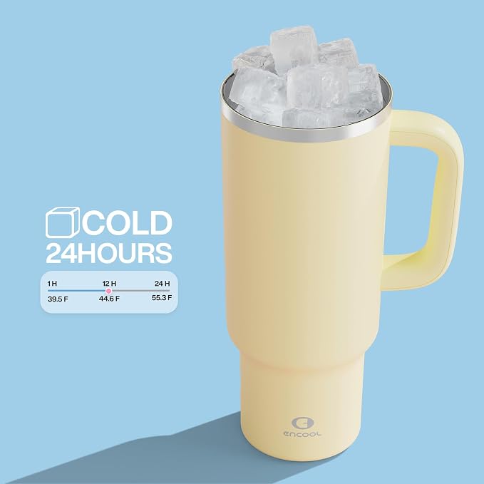 ENCOOL 40 oz Tumbler with Handle and Straw: Stainless Steel Insulated Tumbler Keeps Cold for 24 Hours, Leakproof Travel Cup Fits in Cup Holder and BPA-Free,Light Vanilla