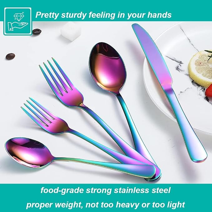30 Pcs Rainbow Silverware Set for 6, Food Grade Stainless Steel Flatware Set, Eating Utensils Sets Include Fork/Knife/Spoon,Home Kitchen Tableware Set, Reusable Cutlery Set, Dishwasher Safe