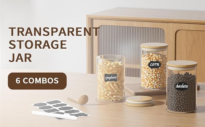 6Pcs 37oz Glass Storage Jars, Airtight Bamboo Lid Containers With Labels | Moisture Barrier Seal, Transparent Visible Tank, Ample Capacity, Cabinet Space Saving, Simple Sort Marking