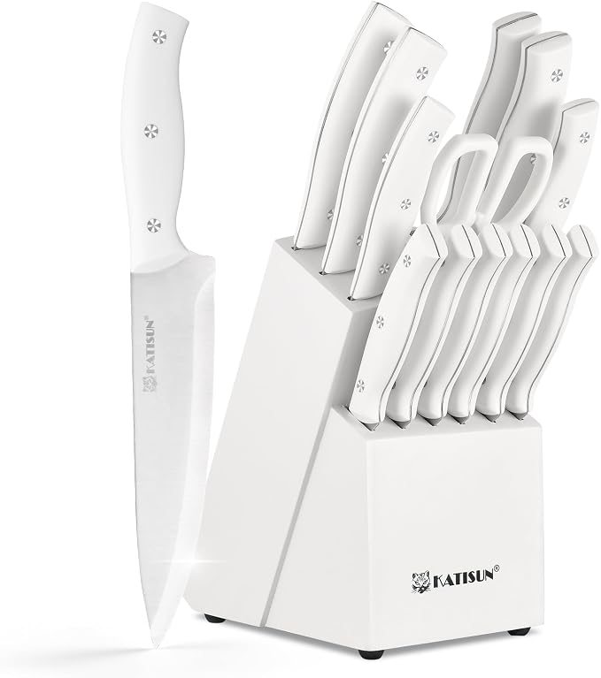 15-Piece White Kitchen Knife Set with Built-in Sharpening Stone, Ergonomic Triple Rivet Fixed Handles, Dishwasher Safe