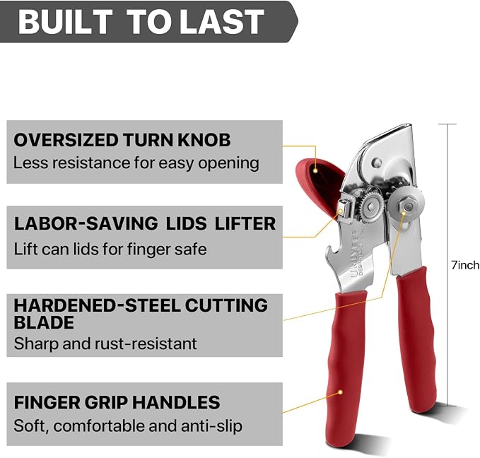 UHIYEE Heavy Duty Hand Can Opener with Comfortable Grip for Seniors, Red | Manual Can Opener, Hardened Steel Blade, Rubber-Coated Handle, Oversize Knob, Built-in Magnet & Bottle Opener
