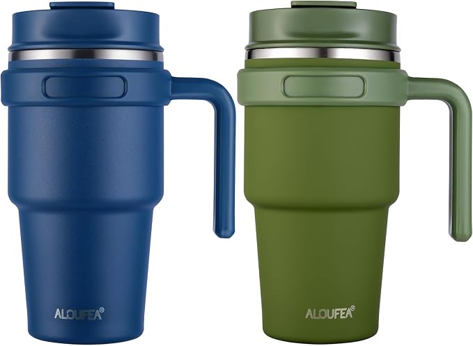 20 oz Insulated Travel Coffee Mug Tumbler with Handle and Straw | Leakproof Stainless Steel Coffee Cup with Lid, Double Wall Vacuum Ice Thermal Cup, Navy and Army Green