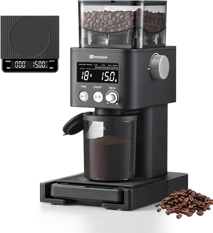 MOKKOM Electric Conical Burr Coffee Grinder with Removable Coffee Scale, Anti-static Coffee Bean Grinder, 31 Grind Settings and Precision Timer for Espresso Pour Over, French Press Black