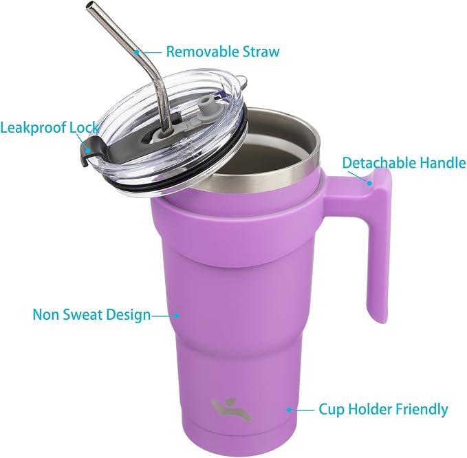 Konokyo 20 oz Tumbler with Handle and Straw, Insulated Travel Mug | Lavender; BPA-free, leak-proof tumbler with 2 lids, 2 straws, cup holder fit for coffee, office, travel & daily use