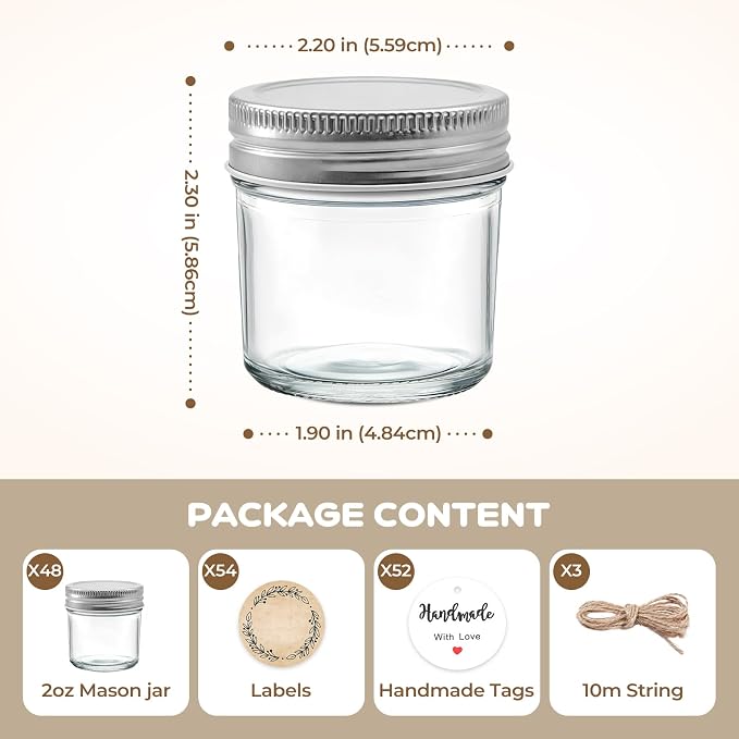 48 Pack 2 oz Mini Mason Jars Bulk Set, Small Glass Jars with Lids | One-piece airtight lids with inner seals; for ginger shots, honey, sauces, spices and wedding favors; labels, twine & tags.