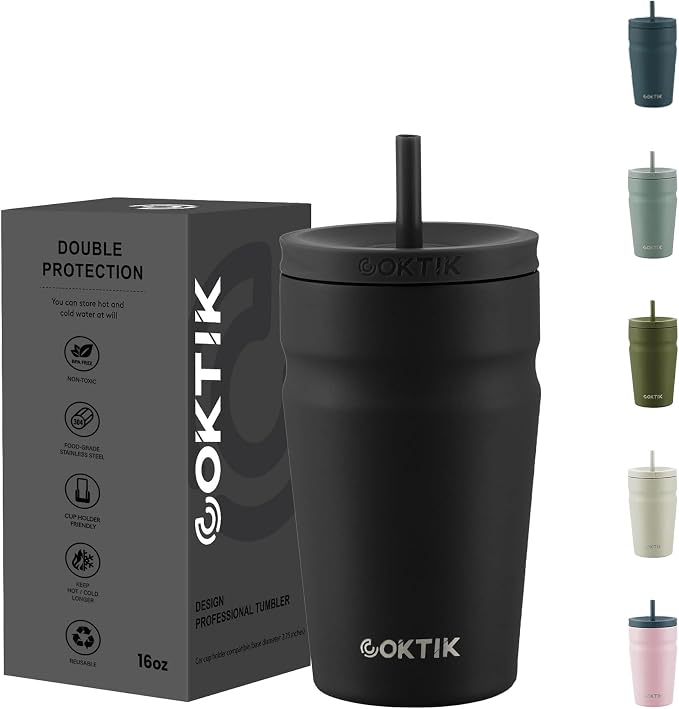 COKTIK 16oz Insulated Tumbler with Lid and Straw Iced Coffee Cup Reusable Stainless Steel Travel Mug Water Bottle Cupholder Friendly for Women Men Her Him (Black)
