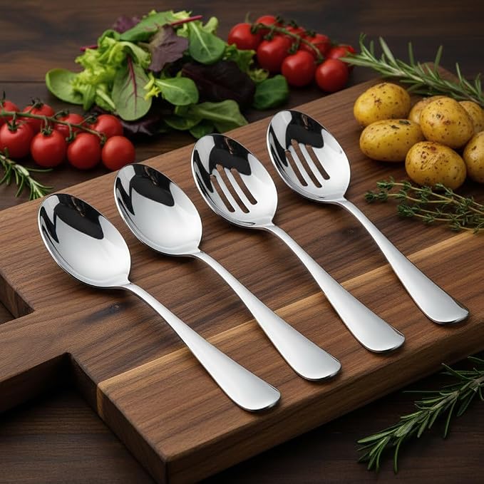VIVANI 4-Piece Serving Spoons Set, 8.5-Inch Serving Spoon and Slotted Spoon | Large Cutlery for Party, Buffet and Catering, Solid Constructions, Mirror Polished, Dishwasher Safe