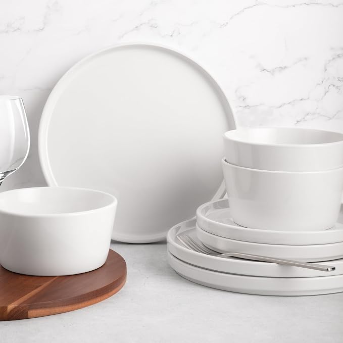 Zulay Kitchen Terra Plates and Bowls Sets, 16 Piece Modern Stoneware Dish Set for 4, Chip and Scratch Resistant Ceramic Dinnerware Set, Microwave and Dishwasher Safe, White