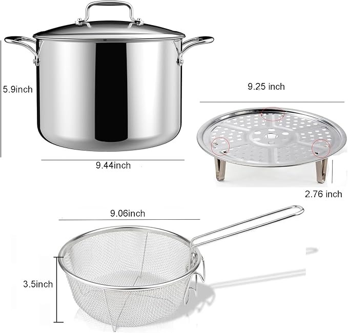 6L/6.4QT Deep Fryer Pot with Basket and Steamer Rack, Stainless Steel Stock Pot Cooking Pot for Pasta, Soup,Spaghetti, Chicken, Deep Cookware for Frying, Canning, Boiling, Simmering