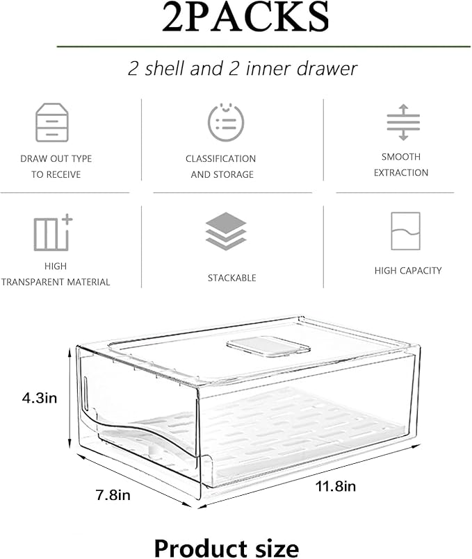 Fridge Organizers and Storage, BPA-Free Large Fridge Organizer (2 Drawers) | Stackable Reusable Transparent Refrigerator Organizer, Keep Fruits and Vegetables Fresh in refrigerator freezer, Food Storage