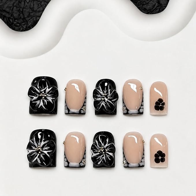 Flower Press on Nails Handmade Black French Tip Fake Nail with 3D Flower Designs Salon Quality Glossy Full Cover Elegant Nail Art Thick Acrylic Nails Short Square Handmade Stick on Nails（S)