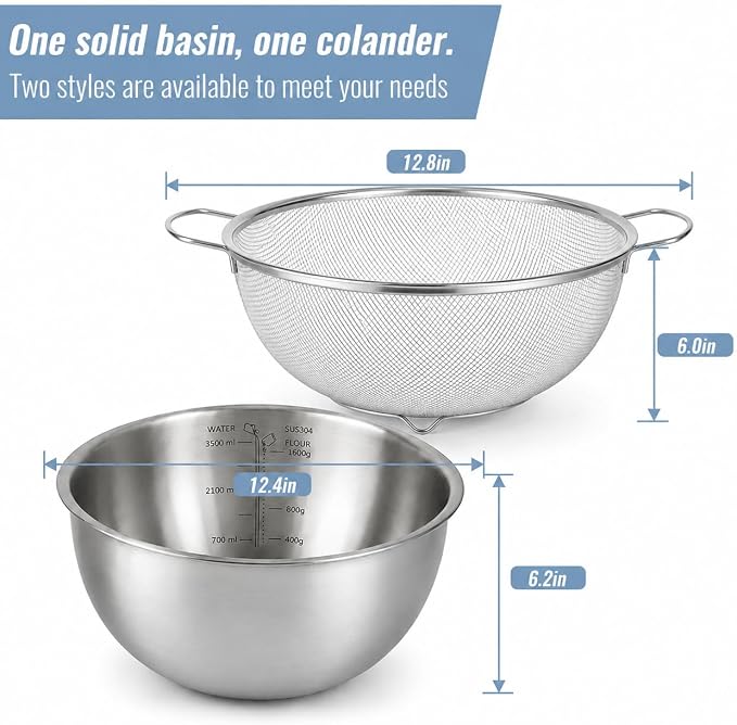 18/8 Stainless Steel Fine Mesh Colander Set, 3.5Qt | Includes 1 mixing bowl with built-in measurement marks and 1 fine 20-mesh strainer for rinsing, mixing, and draining.