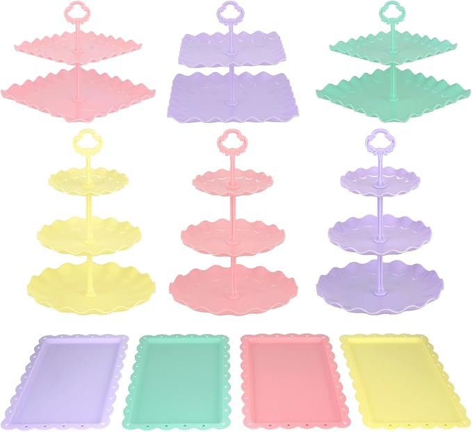 Pack of 11 NWK Cupcake Stand Set with Table Cloth (Colorful) | Includes 3 x 2-Tier & 3 x 3-Tier Cupcake Stands, 4 Appetizer Trays, Plus 1 Tablecloth. Ideal for Parties, Colorful Design