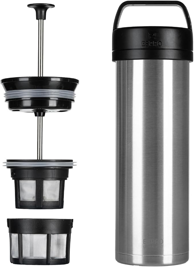 ESPRO Go P0 Ultralight French Press Coffee Maker for Travel, Vacuum Insulated Stainless Steel, 16 Ounces, Brushed Stainless Steel