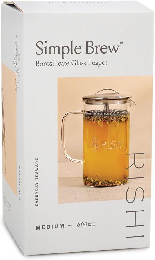 Rishi Tea Simple Brew Teapot for Loose Tea, Borosilicate Glass, 600ml | Borosilicate Glass Teapot, Built-In Strainer, Everyday Teaware, Easy to Clean, Sustainable, For Loose Leaf Tea