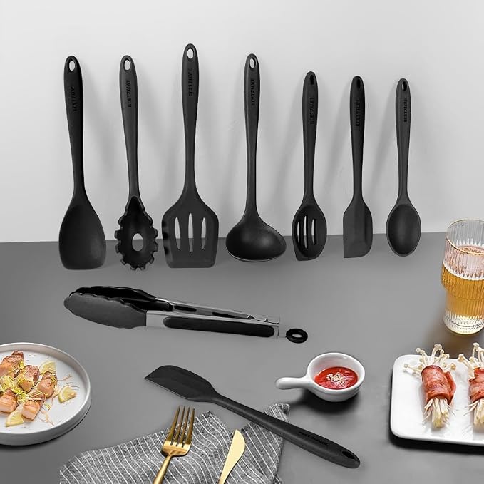 Kitchen Utensil Set - 11 Cooking Utensils - Colorful Silicone Kitchen Utensils - Nonstick Cookware with Spatula Set - Colored Best Kitchen Tools Kitchen Gadgets (Black)