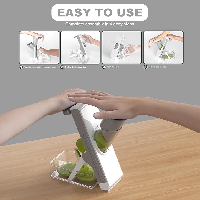 Eletronova Safe Mandoline Slicer for Kitchen, Vegetable Slicer with Container, French Fry Cutter, All in 1 Julienne Slicer for Potato, Thickness Adjustable, Detachable Blade (Gray)