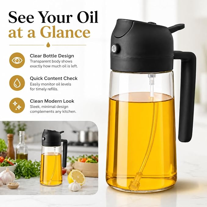 Oil Sprayer for Cooking, 2 in 1 Glass Olive Oil Dispenser and Spray Bottle, Fine Mist Olive Oil Mister with Pour Spout, One-Hand Kitchen Oil Dispenser for Salad, Veggies, Grilling