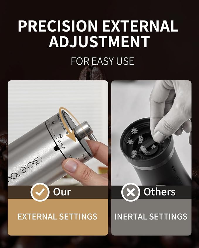 CIRCLE JOY Manual Coffee Grinder with 40 External Adjustable Settings, Stainless Steel Burr Coffee Bean Grinder, Portable Hand Coffee Grinder for Home and Travel, Silver