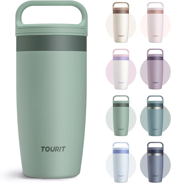 TOURIT Travel Coffee Mug 16 oz,Leakproof 2-Part Lid Tumbler,Grayish Green | Coffee Tumbler Cup, Insulated Stainless Steel Travel Mug, Dishwasher Safe Reusable Water Bottle, BPA-Free Coffee Mug