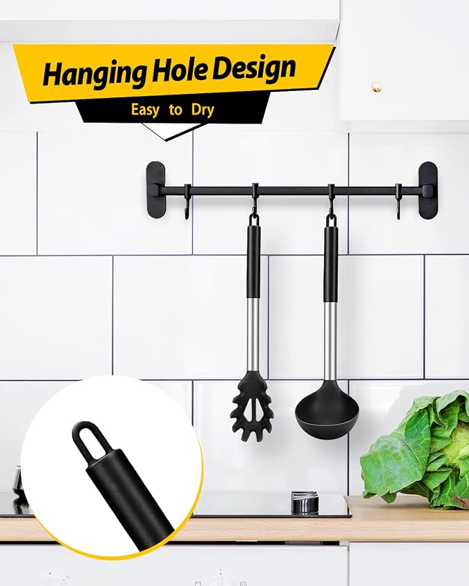 BUNDLEPRO Silicone Pasta Fork and Ladle Spoon Set, 2 Pack, Black | Large Non Stick, High Heat Resistant Kitchen Utensils for Cooking,Stirring,Serving Spaghetti, Soup, Sauce