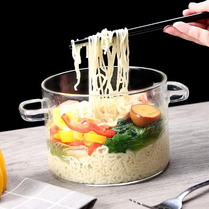 Glass Saucepan with Cover,2L/67OZ Heat-resistant Glass Stovetop Pot and Pan with Lid, The Best Handmade Glass Cookware Set Cooktop Safe for Pasta Noodle, Soup (1400 ml - Double-handled pot)