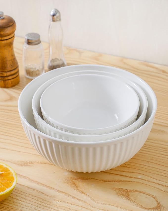 HASENSE White Ribbed Ceramic Serving Bowls Set of 3 | Stackable Nesting Salad Bowls, Large Prep Mixing Bowls for Pasta Fruit Baking Kitchen Counter Storage
