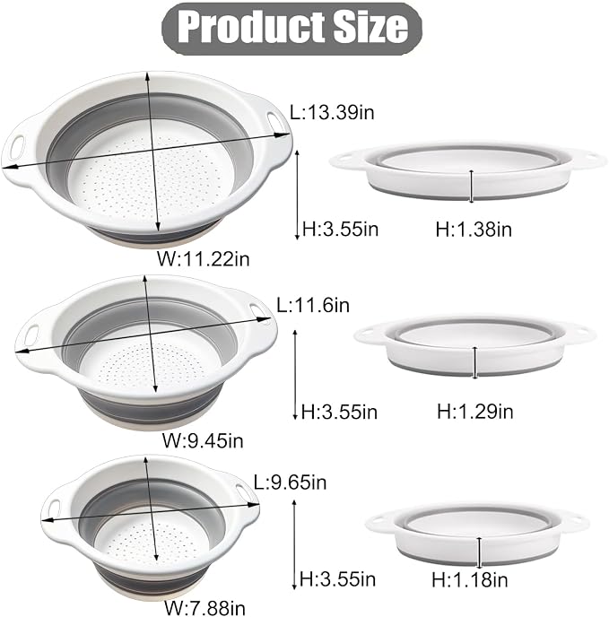 Collapsible Colanders Food Strainers, 3-Pack Foldable Kitchen Strainers with Over-Sink Water Draining Tray, Space Saving Kitchen Drainer for Vegetables, Fruit, Pasta and Rice (White-Gray)