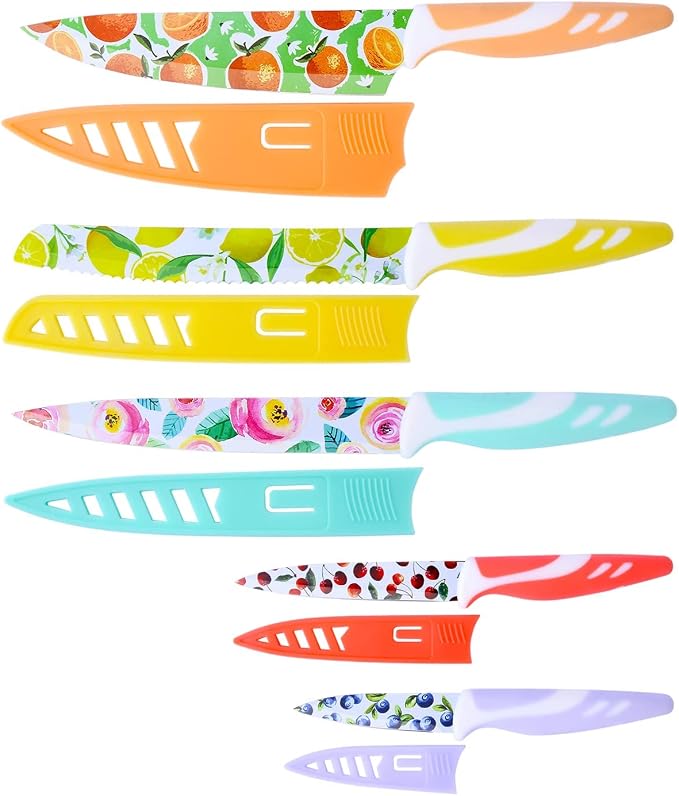 UPTRUST 10-piece Stainless Steel Kitchen Knife Set, Nonstick Coated with 5 Blade Guard, Multicolored Knives Set Gift for Mom