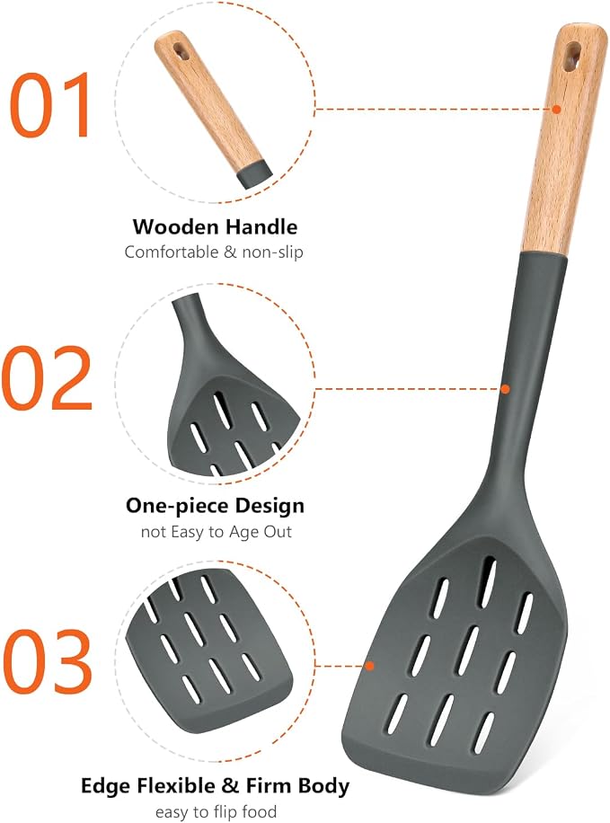 Silicone Spatula, Non Stick Turner for Cooking, Food Grade, Grey | Heat Resistant, Flexible Edge, 2 Pack Wooden Handle Kitchen Turner for Baking Mixing Grilling Serving Food