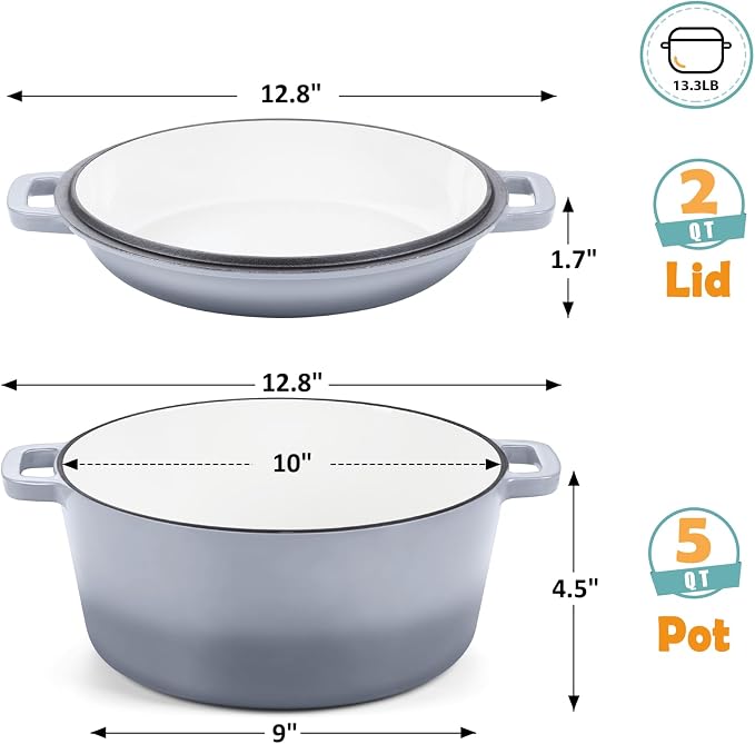 TeamFar 5qt Dutch Oven, Pre-seasoned Cast Iron for Bread Baking, Gray | 2-in-1 Bread Pan with Skillet Lid, Oven & Stovetop Safe for Baking Frying Stewing Grilling, Home Use Or Outdoor Camping