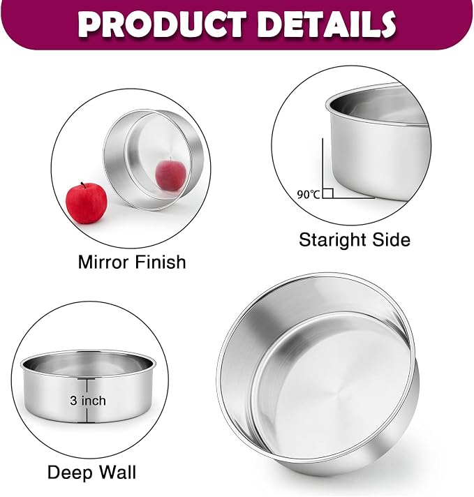 P&P CHEF 8 Inch Cake Pans Set, 4Pcs Stainless Steel Round Baking Pan | Round Layer Cake Tins for Birthday Wedding, Non Toxic & Heavy Duty, 3 Inch Deep Side & Mirror Finish, Oven & Dishwasher Safe