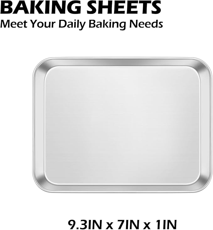 Leonyo Non-Toxic 9x7IN Small Stainless Steel Baking Sheet Pans | Commercial-Grade Small Metal 1/8 Sheet Pan For Cookies Baking, 7x9IN Toaster Oven Baking Trays For Food, Dishwasher Safe
