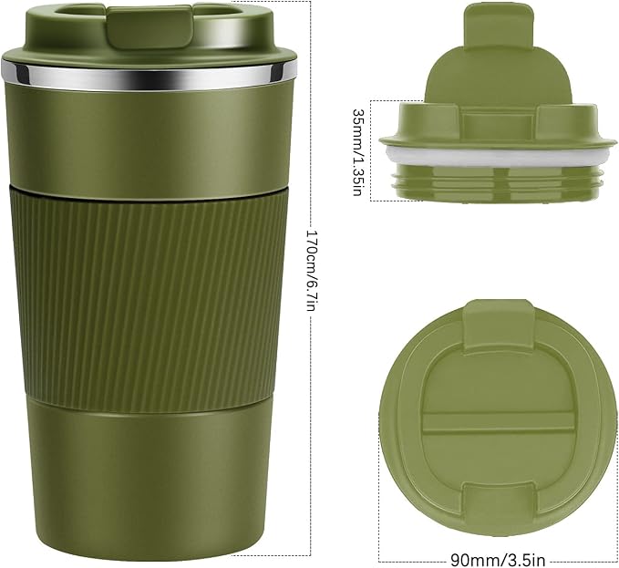YINJOYI 17oz Travel Coffee Cups Insulated Mug Thermal Tumbler to Go with Lid Leak Proof Reusable Stainless Steel Coffee Mug Spill Proof for Hot and Iced Cold Drinks (Green, 510ml)