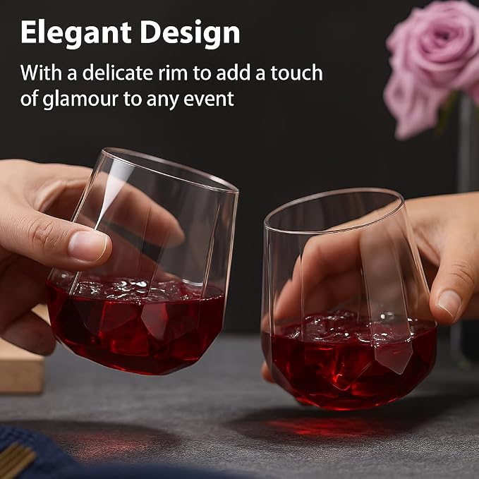 Oojami 40 Pack Disposable Plastic Wine Glasses 12 oz Diamond - Stemless Unbreakable Cocktail Glasses Champagne Wine Cups, BPA-Free Shatterproof Reusable Recyclable for Wedding Birthday Party (Clear)