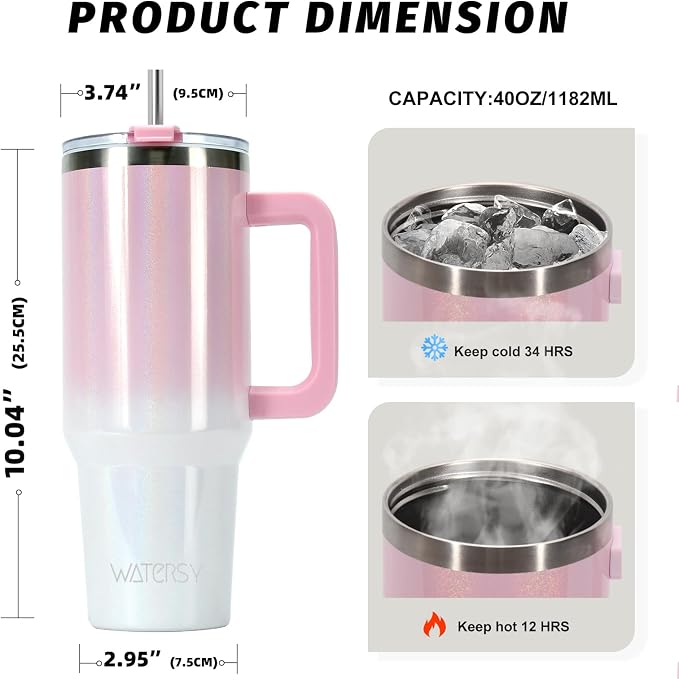 40 oz Shiny Tumbler with Handle and Straw,Stainless Steel Tumbler with Lid and Straw,Insulated Travel Mug(Cold for 34 Hours),Water Bottle for Iced Tea,Coffee (Pink)