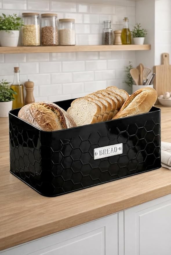 Bread Box for Countertop, Small Black Metal Bin with Bamboo Lid | Small farmhouse bread storage container and bread bin with cutting board lid for homemade bread and baked goods organization.