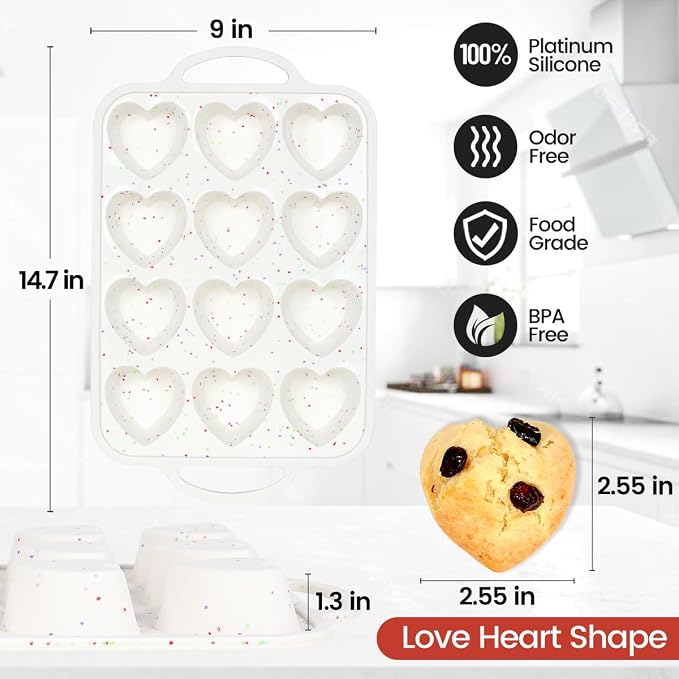 CAKETIME Heart Shaped Muffin Pan with Metal Frame, Nonstick Heart Silicone Molds for Valentine's Day Baking Shaped Egg Muffins, Cupcake, Tartlets, Egg Bites, Chocolate Muffin, Soaps