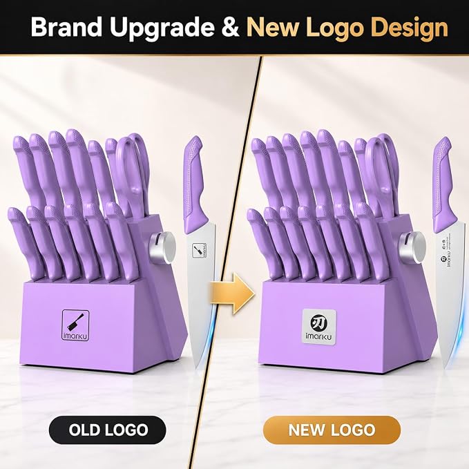 imarku 14-piece Japanese kitchen knife set, including knife block sharpener | High-carbon stainless steel, sharp, non-slip ergonomic handle, dishwasher safe, elegant gift packaging, lavender color