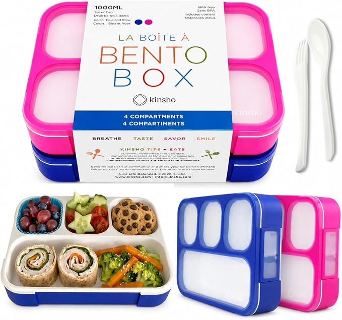 kinsho Bento Lunch Box for Kids Adults, 4 Sealed Divided Compartments, Portion Control Meal or Snack Containers for Boys Girls Women Men, School Work BPA Free with Utensils, Blue + Rose Pink 2 Pack