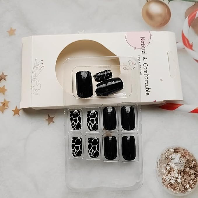 24Pcs Black Press on Nails Short Square Fake Nails WLGDLH Summer False Nails Press ons Nail Kit with Leopard Print Design Glossy Glue on Nails Full Cover Stick on Nail for Women Manicure