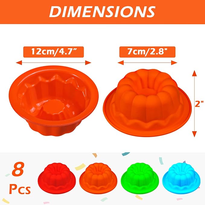 Webake 4 Inch Silicone Mini Fluted Cake Molds 8 Pack Fluted Tube Cake Pan, Non-stick Baking Cups Reusable Muffin Donut Pan