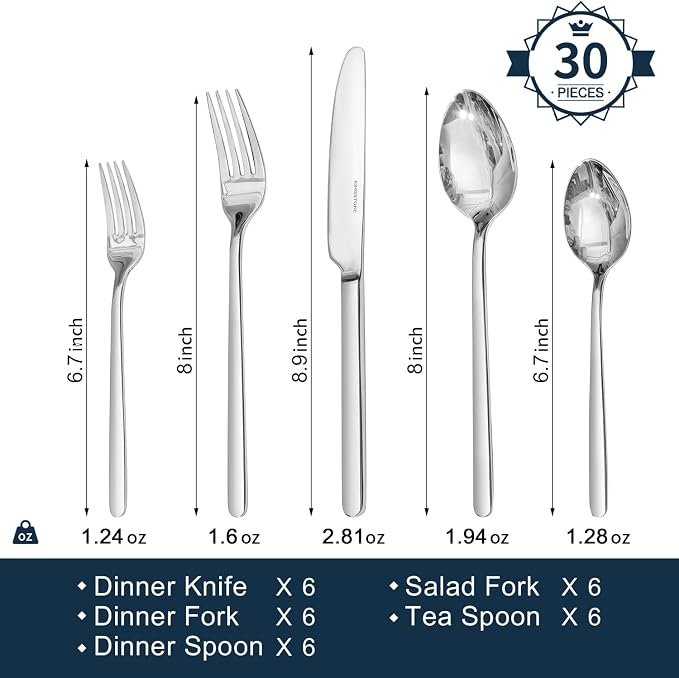30 Pieces Silverware Set, Flatware Cutlery Set for 6, 18/10 Stainless Steel Silverware Utensils Minimalist Design Dishwasher Safe