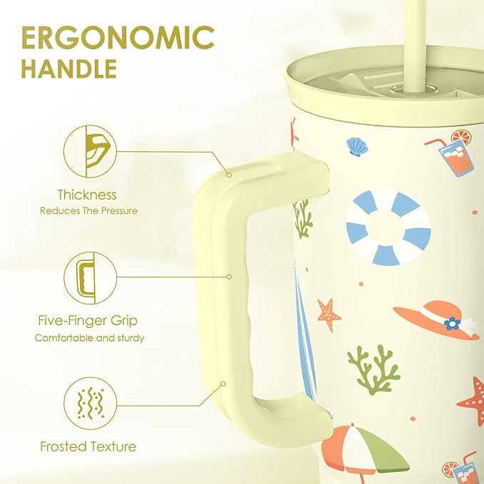 SANDJEST Beach 40oz Tumbler with Handle and Straw, Insulated Stainless Steel Travel Coffee Mug for Women Girls Beach Lovers, Gift Idea for Birthday Christmas Mothers Day Summer Vacation (Color)