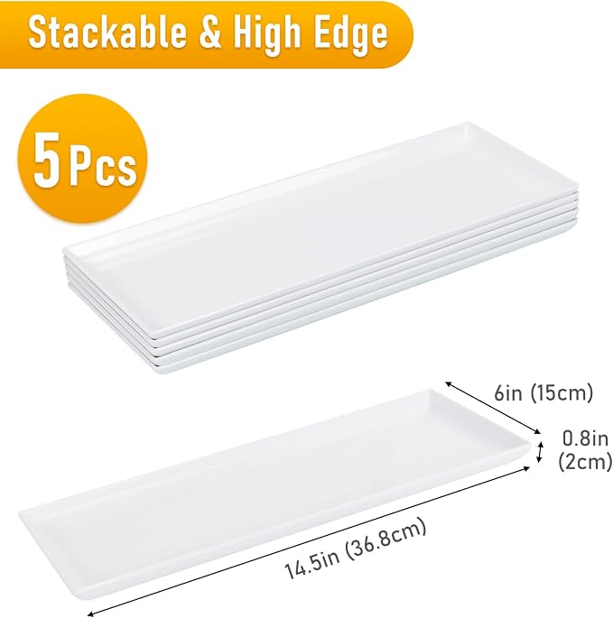 Moretoes 5pcs Melamine White Serving Trays 14.5x6in Rectangular for Party | Reusable Melamine, Rectangular Design, for Cookies Appetizers Charcuterie Snacks Desserts Parties and Food Displays